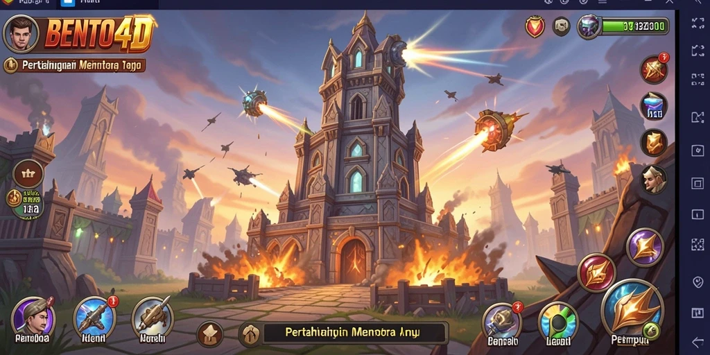 Screenshot BENTO4D menunjukkan aksi menegangkan dalam pertempuran Tower Defense.