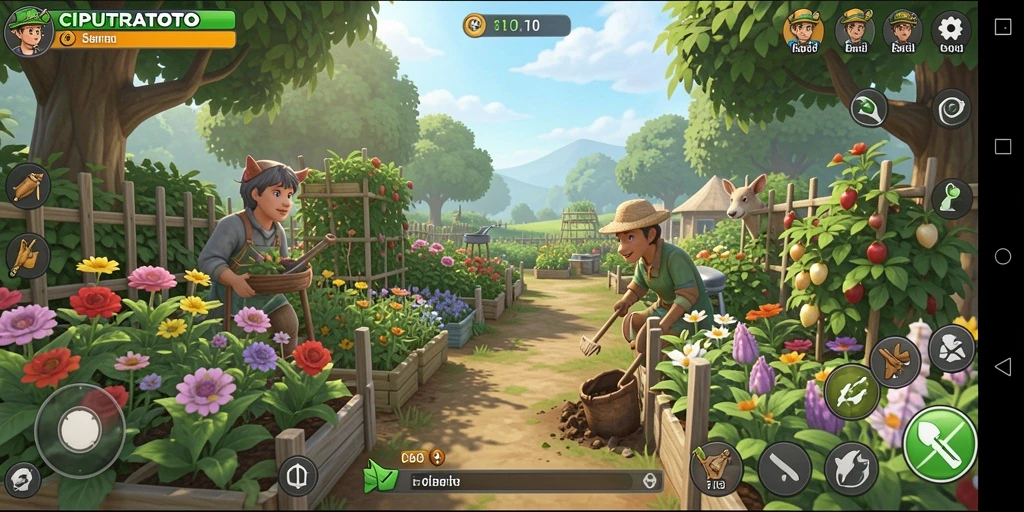 Screenshot gameplay <strong>CIPUTRATOTO</strong> menampilkan kebun yang subur dan berwarna-warni.