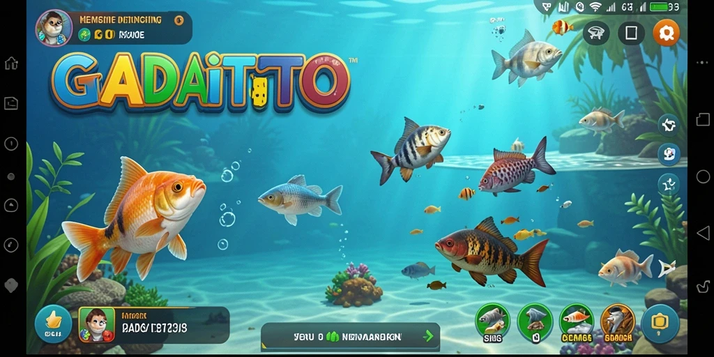 Tampilan gameplay GADAITOTO saat memancing di lokasi tropis.